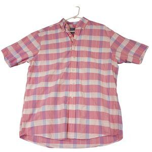 Jos A Bank Stays Cool Men's 100% Cotton Pink‎ Plaid Short Sleeve Button Shirt L